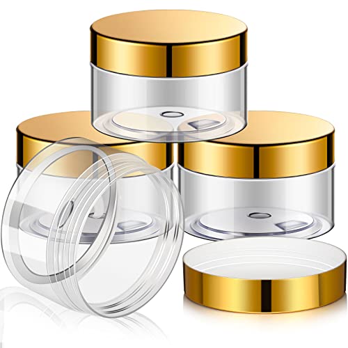 4 Pieces Round Clear Wide-mouth Leak Proof Plastic Container Jars with Lids for Travel Storage Makeup Beauty Products Face Creams Oils Salves Ointments DIY Making or Others (Gold, 4 Ounce)