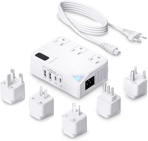 WAUDM Universal 100V-220V Travel Converter，250W Voltage Converter with 2 USB and 2 USB-C Charging Ports and 3 AC Plugs for curlers, straighteners, Included Plugs are Type A, C, D, G, I, L