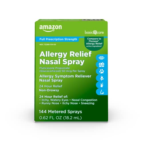 Amazon Basic Care 24-Hour Allergy Relief Nasal Spray, Fluticasone Propionate (Glucocorticoid), 50 mcg, Full Prescription Strength, Non-Drowsy, 0.62 fl oz (Pack of 1)