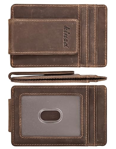 kinzd Money Clip, Front Pocket Wallet, Leather RFID Blocking Strong Magnet thin Wallet (Crazy Horse dark brown)