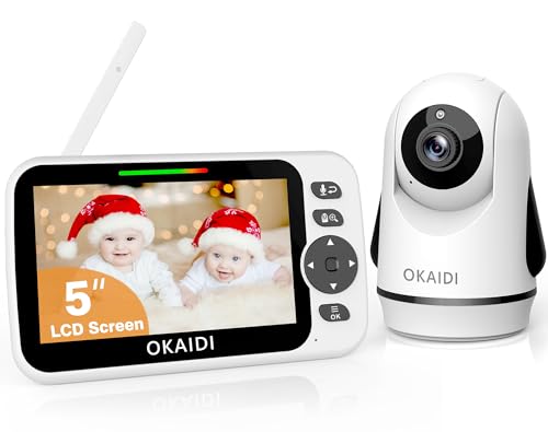 OKAIDI Video Baby Monitor with Camera and Audio, 5' Display Baby Monitor No WiFi, 30H Battery and 1000ft Range Baby Monitor, Remote Pan-Tilt-Zoom Baby Camera, Night Vision, 2-Way Talk, VOX,Temperature
