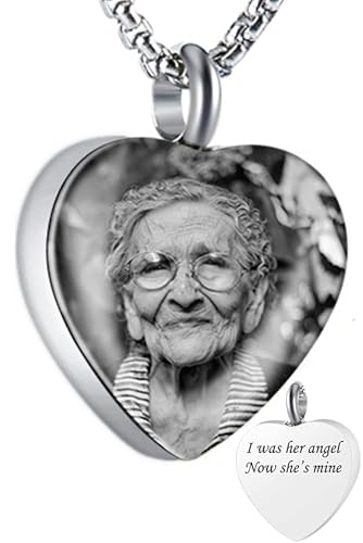 Fanery sue Ashes Necklace for Women Men, Custom Picture Text Dog Tag Engraved Urn Heart Pendant Keepsake, Cremation Jewelry Necklace for Ashes, Memorial Sympathy Gift for Loss of Loved(Silver)