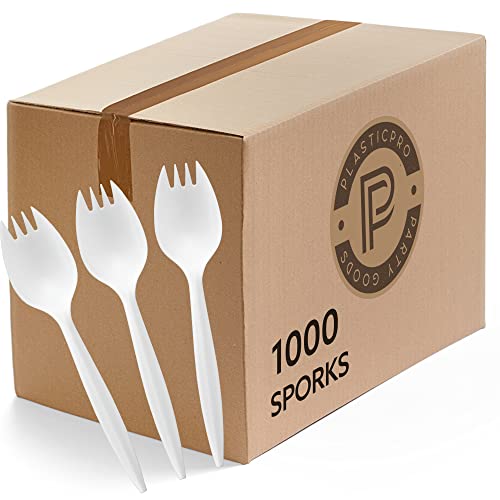 Plasticpro Cutlery Plastic Sporks Medium Weight Disposable Silverware White (1000 Count)