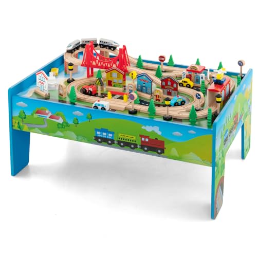 HONEY JOY Train Table, Wooden Kids Activity Table w/ 80 Multicolor Pieces, Tracks, Trains, Cars, Toddler Toy Train Table Set w/Reversible Tabletop, Gift for Boys Girls Ages 3+ (Blue)