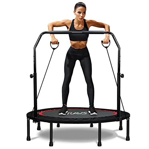 RAVS Mini Trampoline for Kids Adults 40'/48' Foldable Fitness Rebounder Kids Trampoline with 5 Levels Height Adjustable Handle Resistance Bands Indoor Workout Max Load 350lbs-450lbs