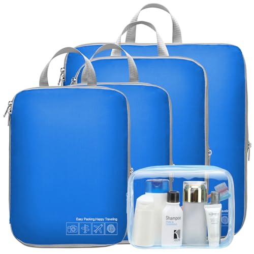 Cambond Compression Packing Cubes for Travel - 5 Pack Luggage Expandable Packing Organizers Compression Cubes for Suitcases (Blue)