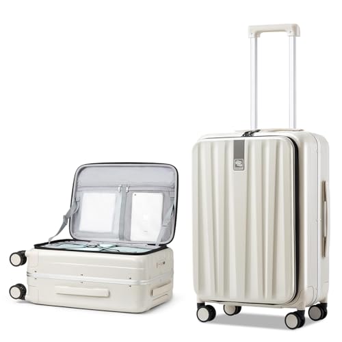 Hanke 24 Inch Checked Luggage PC Hard Case Luggage Top Opening Aluminum Frame Tsa Luggage Suitcases with Wheels for Travel Woman Men.(Ivory white)