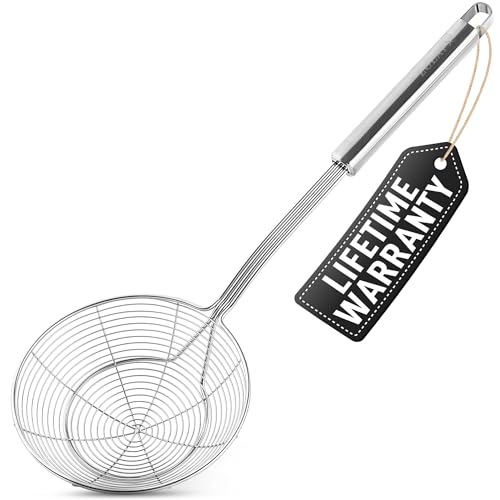 Zulay Kitchen 15.4 Inch Stainless Steel Strainer - Spiral Wire Mesh Skimmer Spoon Ladle With Long Handle - Reinforced Double Coil Slotted Spoons For Cooking and Frying