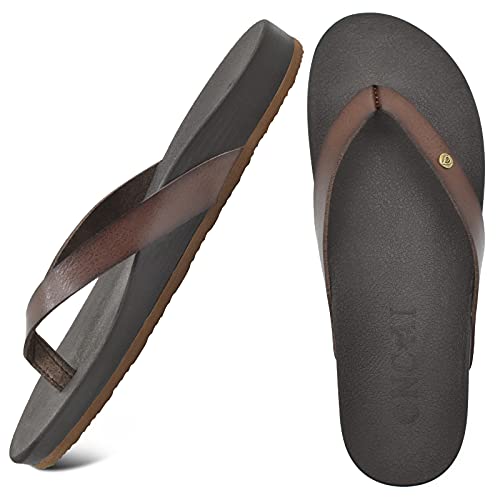 ONCAI Womens Flip Flops For Women Comfortable Leather Strap Yoga Mat Non-Slip Women's Thong Sandal Casual Summer Beach Slippers With Arch Support Brown Size 9