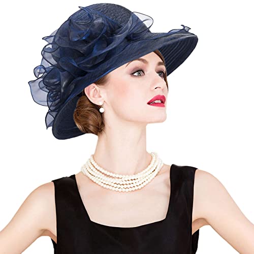 Women Organza Sun-Hats Wide-Brim Church-Hats for Tea Party Bridal Wedding Dress Hat Navy