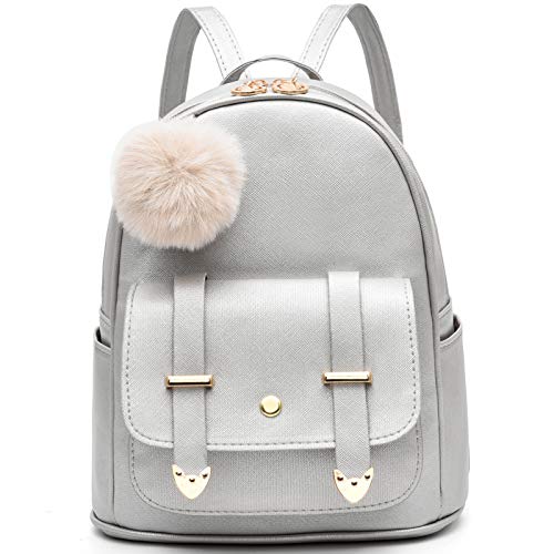 I IHAYNER Girls Fashion Backpack Mini Backpack Purse for Women Teenage Girls Purses PU Leather Pompom Backpack Shoulder Bag Silver
