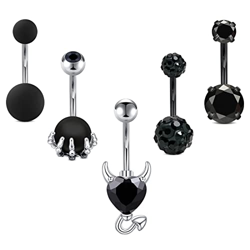 JFORYOU Black Belly Button Rings for Women Surgical Steel Skull Hand with Opal Devil Heart Navel Rings Halloween Belly Piercing Jewelry