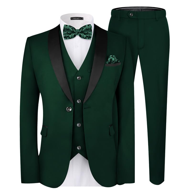 MAGE MALE Men's Slim Fit 3 Piece Suit One Button Solid Shawl Lapel Blazer Jacket Vest Pants Set with Tie Pocket Square Dark Green