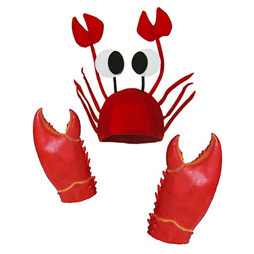 Funny Crazy Crab Hat with Claws Antenna, Latex Giant Crab Claws Gloves Mitt Kit, Crab Costume Props Hat Set Red, One Size