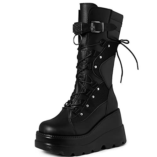 Tscoyuki Womens Goth Platform Boots Chunky Wedge Heel Rave Combat Boots Lace Up and Zipper Round Toe Mid Calf Boot for Concert Festival
