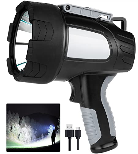 LBE Rechargeable Spotlight Outdoor,1000,000 Lumens Led Spotlight Flashlight with Cob Light and Foldable Tripod, 6 Modes Waterproof Handheld Spot Light for Outdoor Marine Boating Hunting