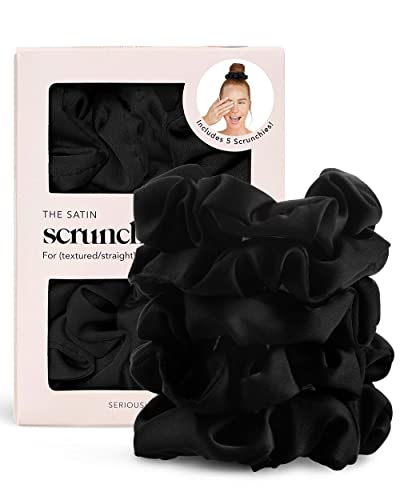 Kitsch Satin Hair Scrunchies for Women - Softer Than Silk Scrunchies for Hair | Satin Scrunchies for Girls | Satin Hair Ties for Women | Silk Hair Ties No Damage | Silk Ponytail Holders, 5 pcs (Black)