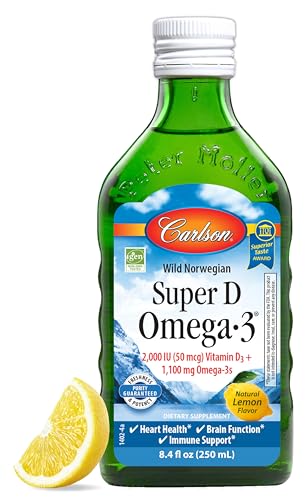 Carlson - Super D Omega-3, Wild Caught Norwegian Arctic Cod Liver Oil, 2000 IU (50 mcg) Vitamin D3, 1100 mg Omega-3s, Sustainably Sourced Nordic Fish Oil Liquid, Lemon, 250 mL (8.4 Fl Oz)