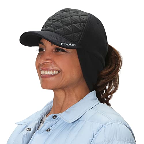 TrailHeads Women's Winter Ponytail Hat | Trucker Hat with Drop Down Ear Warmers | Quilted Hat - Black