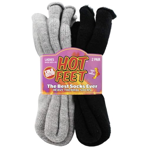 HOT FEET 2 Pack Warm Cozy Thermal Socks for Women - Thick Insulated Crew for Cold Winter Weather. Solid Grey/Solid Black