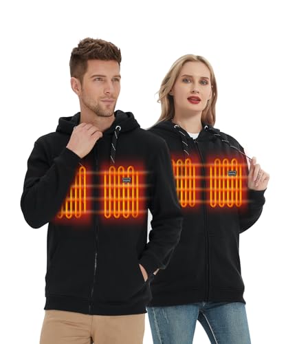 HENNCHEE Heated Hoodies for Men Women with Battery Pack, Zip Up Hooded Sweatshirt, Heating Jacket Unisex Hunting Fishing(Black, Large)