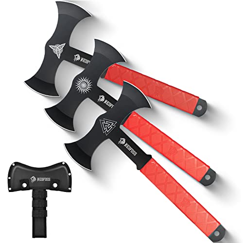 NedFoss Throwing Axes and Tomahawks with Innovative TPR Rubber Handle, 11.9' Full Tang Double Bit Throwing Axe Set with Sheath, Viking Axe Throwing Game for Recreation and Competition