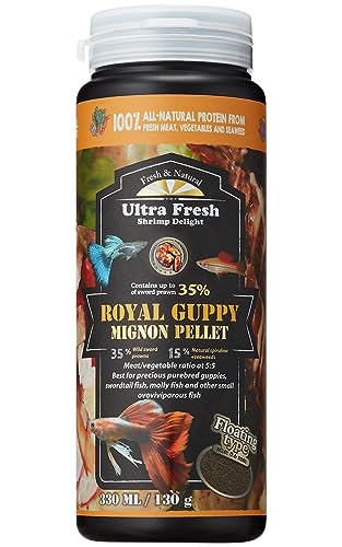 Ultra Fresh Royal Guppy Mignon Pellet, All Natural Guppy Food, Sword Prawns, Spirulina, Seaweeds, Highly Nutritious, for Cleaner Water and More Vibrant Color 4.6 oz