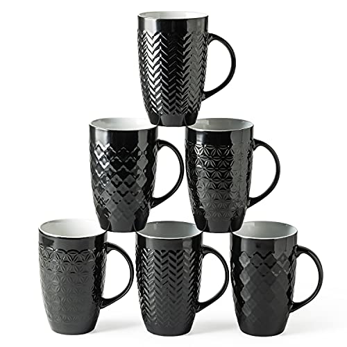AmorArc Large Coffee Mugs Set of 6, 22oz Ceramic Tall Coffee Mugs Set with Textured Geometric Patterns for Latte/Tea/Beer/Hot Cocoa, Dishwasher & Microwave Safe, Black