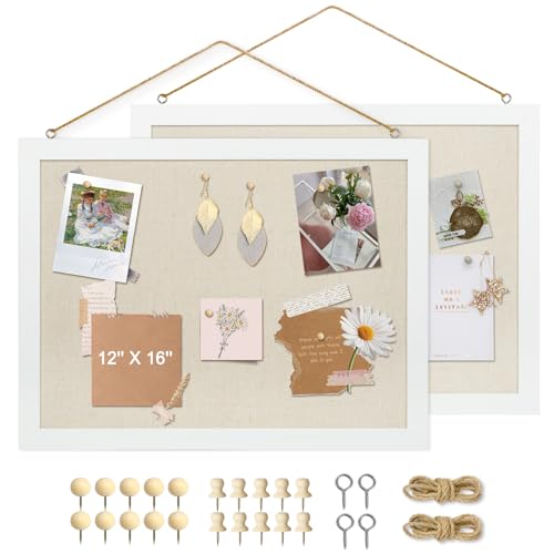 AMUSIGHT 2-Pack Cork Board with Linen, 16' x 12' Hanging Wood Framed Small Bulletin Board, Picture Display Vision Board Kit Corkboards for Wall Room School Office Decor, 20 Pushpins (Vintage White)