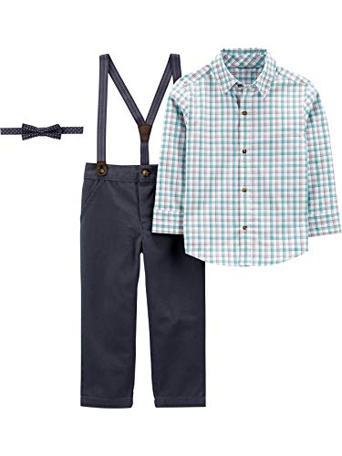 Simple Joys by Carter's Boys' 4-Piece Special Occasion Bow-tie and Suspender Pants Set, Charcoal/Green Grey Checked/Navy Dots, 4T