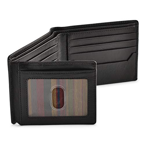 BULL GUARD Black Leather Wallet for Men with RFID Blocking - Bifold High Capacity with Side Flip 2 ID Windows and 10 Credit Cards Slots