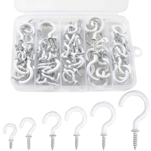 Romeda 90 Pcs White Ceiling Hooks kit, 6 Sizes Vinyl Coated Screw-in Plant, Kitchen, Cup, Ceiling Hooks for Hanging (1/2in, 5/8in,3/4in,7/8in,1'',1-1/4in)