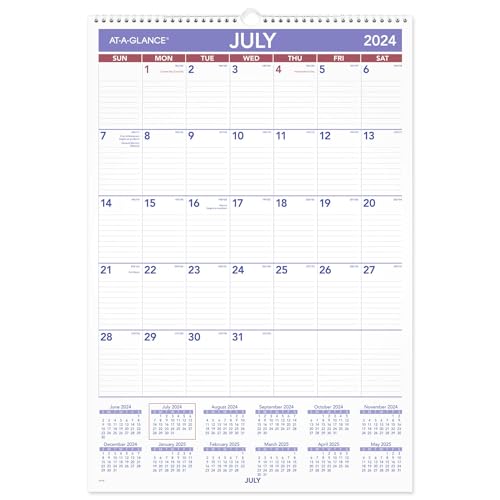 AT-A-GLANCE Wall Calendar 2024-2025 Academic, Monthly, 15-1/2' x 22-3/4', Large, Ruled Daily Blocks (AY328)