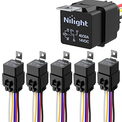 Nilight 50044R 5 Pack Waterproof 40/30 AMP Heavy Duty 12 AWG Tinned Copper Wires 5-PIN SPDT Bosch Style 12V Automotive Relay and Harness Set,2 Year Warranty