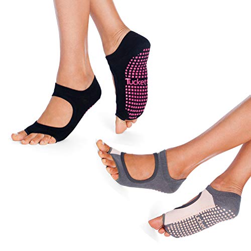 Tucketts Allegro Toeless Non-Slip Grip Socks - Anti Skid Yoga, Barre, Pilates, Home & Leisure, Pedicure - S/M - 2 pairs Black/Grey-Blush