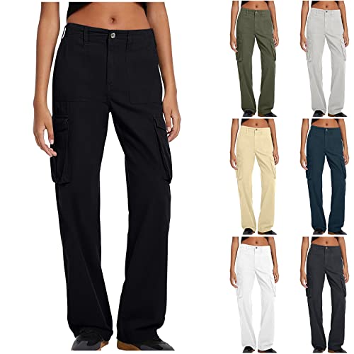 SMIDOW lightning deals of today Womens Cargo Pants Straight Fit Wide Leg Pants High Waist Baggy Hiking Pants With Flap Pocket Available in Plus Size Black 3X high waisted flowy pants