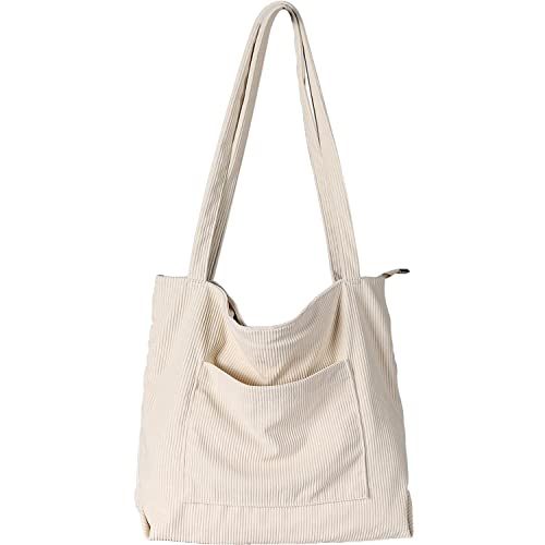 WantGor Women Corduroy Tote Bag, Large Shoulder Hobo Bags Casual Handbags Big Capacity Shopping Purses Work Bag (Beige)