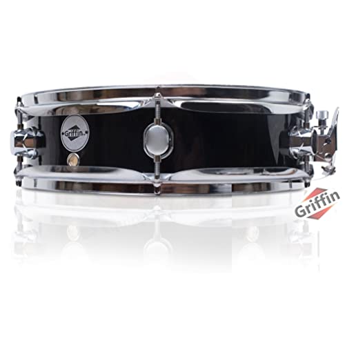Piccolo Snare Drum 13' x 3.5' by GRIFFIN | 100% Poplar Wood Shell with Black PVC & White Coated Drum Head | Drummers Acoustic Marching Kit Percussion Instrument with Snare Strainer Throw Off Set