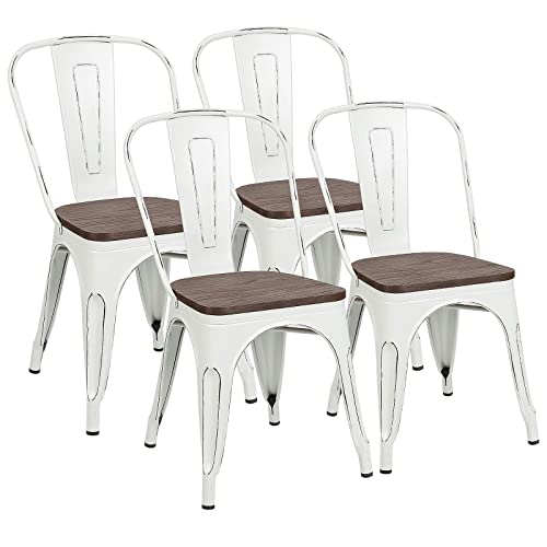 Furniwell Metal Dining Chairs with Wood Seat, Indoor Outdoor Use Stackable Tolix Industrial Metal Chairs Set of 4 for Kitchen, Dining Room, Bistro and Cafe (White)