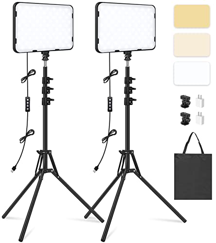 2 Pack LED Video Light with 63'' Tripod Stand, Obeamiu 2500-8500K Dimmable Photography Studio Lighting for Video Film Recording/Collection Portrait/Live Game Streaming/YouTube Podcast, USB Charger