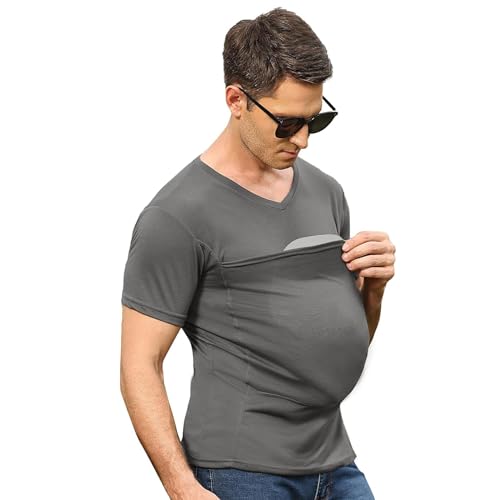 Mens Baby Carrier Shirt V Neck Short Sleeve T-Shirts for Men Skin to Skin T-Shirt with Pocket Grey Plus Size