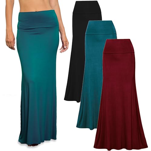 Free to Live 3 Pack Long Skirts for Women Fall Winter Flowy Maxi Skirt High Waist Fold Over (XXL, Black, Teal, Wine)