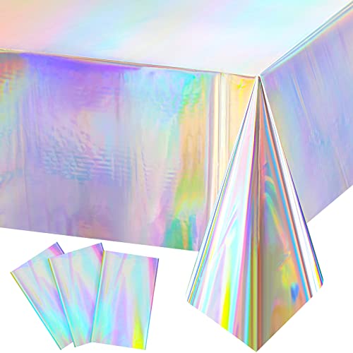 Iridescence Plastic Tablecloths Laser Table Covers Holographic Foil for Girl Party Wedding Disco Dance Birthday Holiday Mermaid Party Decorations 54 x 108 Inch (Laser Color, 3 Pack)