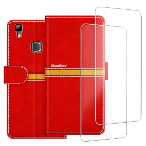 ESACMOT Phone Case Compatible with Doogee X5 MAX + [2 Pack] Screen Protector Glass Film, Premium Leather Magnetic Protective Case Cover for Doogee X5 MAX (5 inches) Red