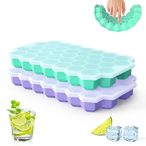 Upgrade Ice Cube Trays, 2 Pack Silicone Flexible Ice Cube Trays with Lid, 76 Cubes Ice Trays for Chilled Drinks, Whiskey & Cocktails, Stackable Flexible Safe Ice Cube Trays2+1
