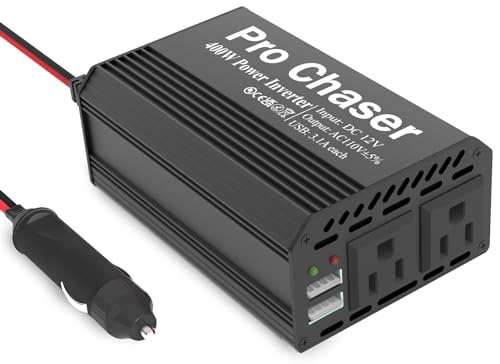 Pro Chaser 400W Power Inverter - 12V DC to 110V AC Car Truck RV Inverter 6.2A Dual USB Charging Ports for Road Trips (Black)