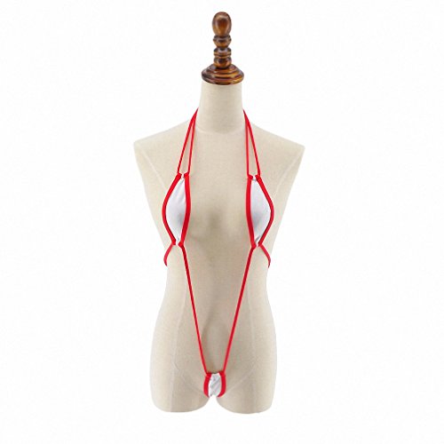 Tinpia Womens White Sling Shot Micro Bikini Teardrop Thong G-String Red Cord String