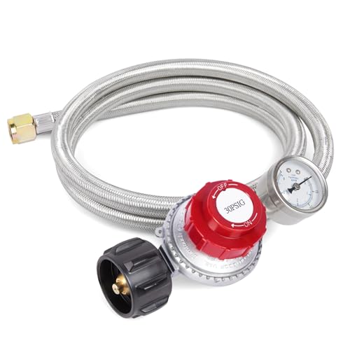 GASPRO 0-30 PSI Adjustable High Pressure Propane Regulator with Gauge, 5-Foot Stainless Braided Hose, Perfect for Turkey Fryer, Gas Burner, Fire Pit