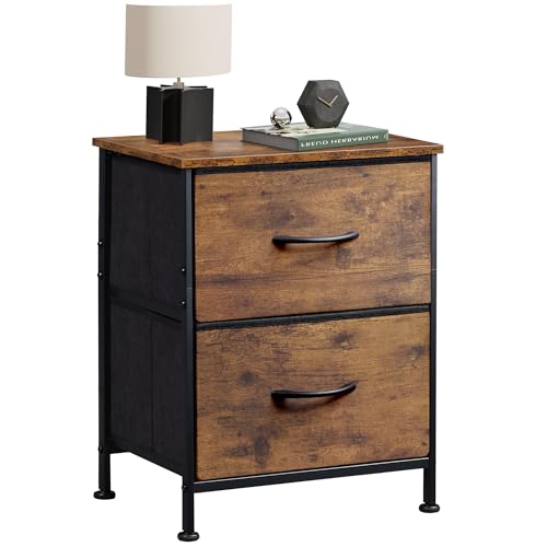 WLIVE Nightstand, Small 2 Drawer Dresser, Bedside Furniture, Night Stand, End Table with Fabric Bins for Bedroom, Closet, Dorm, Rustic Brown Wood Grain Print