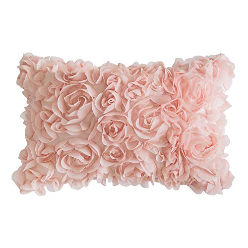 MIULEE 3D Decorative Spring Romantic Stereo Chiffon Rose Flower Pillow Cover Solid Square Pillowcase for Sofa Bedroom Car 12x20 Inch 30x50cm Peach Pink Wedding Gifts Valentines Day